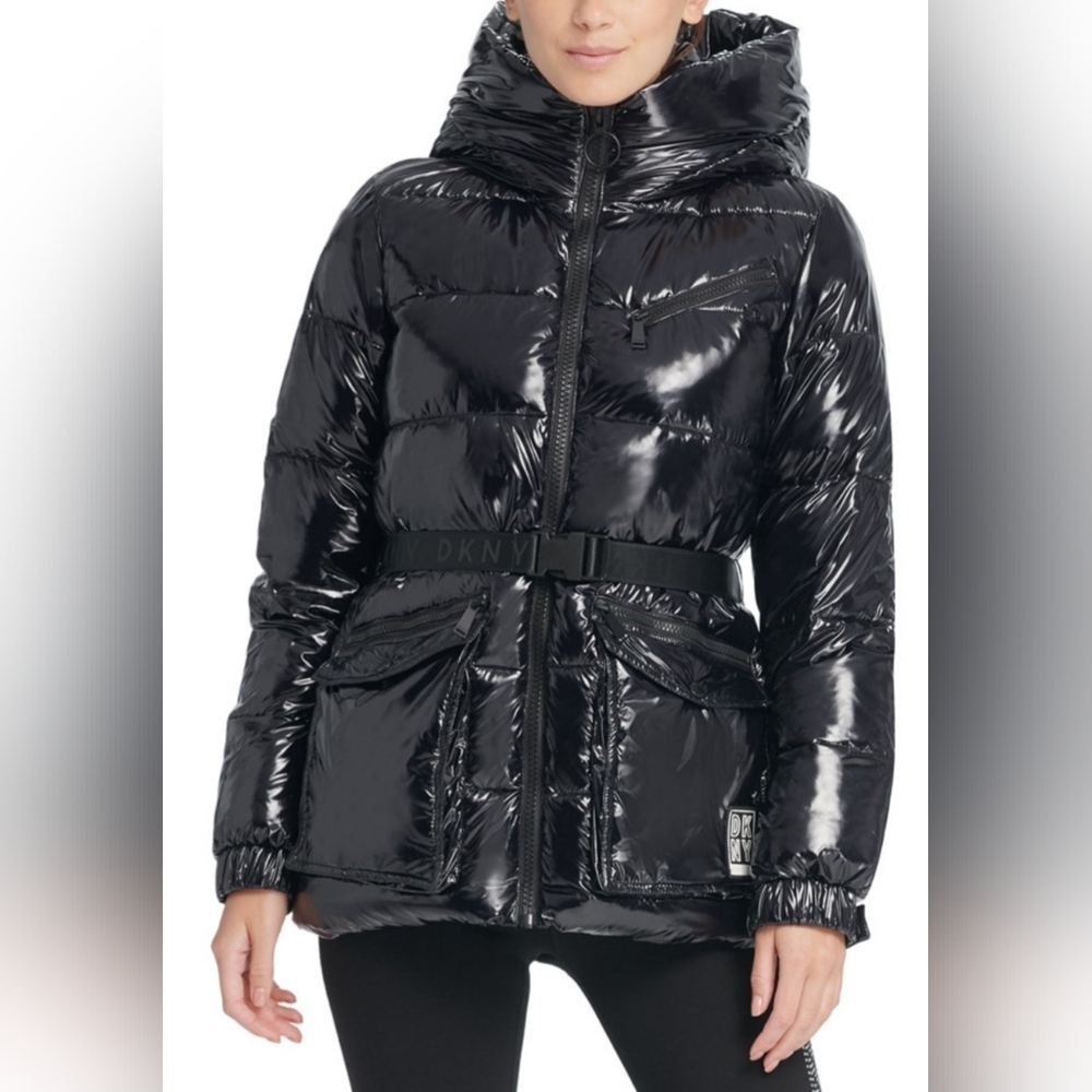 DKNY Shiny Black Puffer Coat